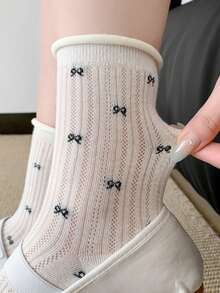 3雙女款夏季薄款蝴蝶結波點網眼透氣捲邊中筒襪，韓系風格 - 彩色 - 查看 3