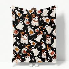 1 Stück Halloween schwarzer Hintergrund Hexenhut Geist Kürbis BOO Slogan Fledermaus Totenkopf Digitaldruck Flanelldecke - moderner Stil, Cartoon-Thema, ganzjährig bequem weiches Polyester-Strickgewebe, multifunktional, geeignet für Sofa, Bett, Reisen, Camping, Stuhl, Geschenkdecke - Schwarz - Übersicht 6