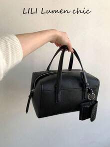 Fashionable Minimalist Black Lychee Grain Leather With Compact Structural Design And Durable Leather Material. Secure Zipper And Comfortable Handle Make It An Ideal Choice For Workdays Or Weekend Outings, Combining Exquisite Style And Practicality. - Black - View 1