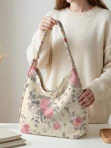 1pc Floral Print Corduroy Shoulder Bag, Large Capacity Zip, Adjustable Shoulder Strap Crossbody Tote For Ideal For Gifts, Date, Commute & Vacation - Multicolor - View 7