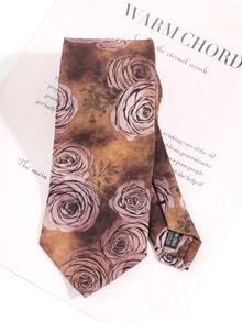 1pc Brown Tone Oil Painting Rose Print Tie - Rust Brown - View 4