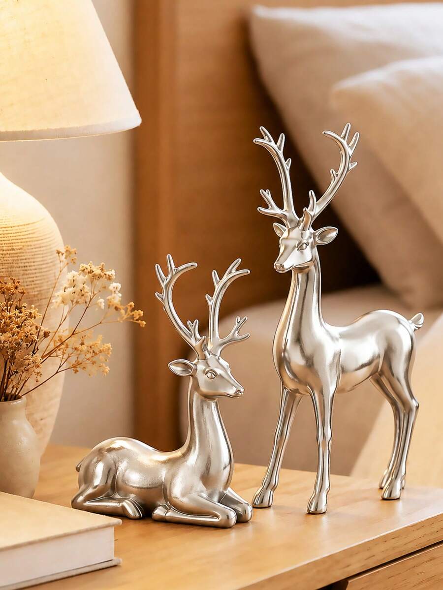 Silver Deer Resin Decor 2pcs Set, Room Decoration, Bedroom Decor, Best Gift, Winter Decoration, Home Wedding Decor, Home Decor, Jewelry Collection Box, Party Decoration, Valentine's Day Birthday - Multicolor - View 1