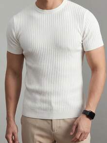 Men's Solid Color Vertical Ribbed Crew Neck Short Sleeve Knit Slim Fit Textured Casual Base Layer Top, Summer - White - View 2
