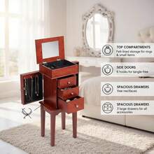 Standing Jewelry Chest 10.6" X 8.5" X 33.8" For Bedroom Dressing Room Living Room, Flip Top Mirror 3 Drawers, 4 Storage Compartments Zinc Alloy Handles 6 Necklace Hooks Wood Grain Finish 2 Side Doors-XY212648 - Multicolor - View 4