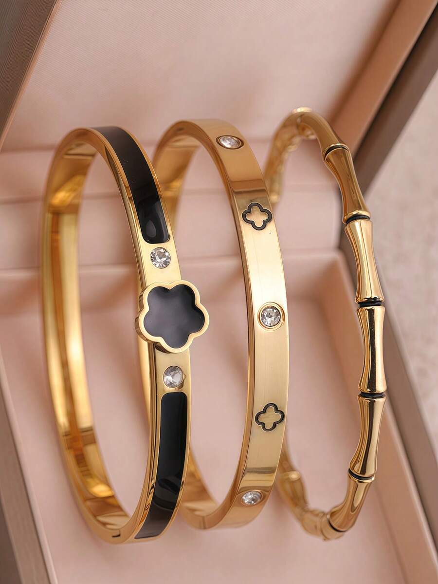 3件/1件裝 女款奢華粉色琺瑯 H 字手鍊，18K 金色不鏽鋼可疊戴手鐲鑲水晶，時尚極簡派對與日常穿戴珠寶 - 金黃色 - 查看 1