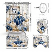 1pc/4pcs Blue White Gold Pumpkin Flower Pattern Multi-Function Bathroom Decor Shower Curtain Set, Free 12 Hooks, Premium Holiday Atmosphere, Bathroom Mat, U-Shaped Rug And Round Toilet Lid Cover, Suitable For All Scenes, Bathroom Set - Pumpkin Flowers - View 11