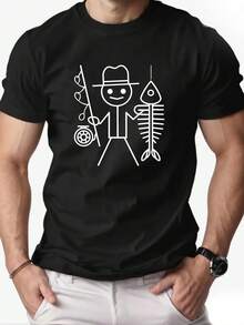 Men's Short-Sleeved Casual Summer T-Shirt With A Stickman Holding A Fishing Rod Pattern T Shirt - 白色 - 查看 6