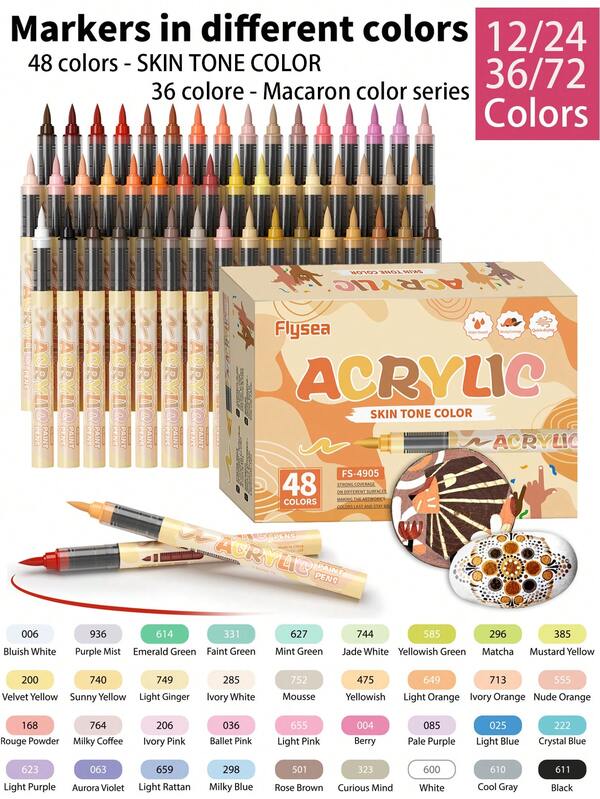 Flysea 12-72 Colors Acrylic Marker Pens, 0.5-5mm Paint Markers, Acrylic Paint Markers, Stackable Colors, Strong Coverage, Felt Tip Pen Stationery Set, Student Drawing Anime Non-Smudging Hand-Drawn Art Studio Supplies, DIY Creation, School Art Supplies, Back To School Season