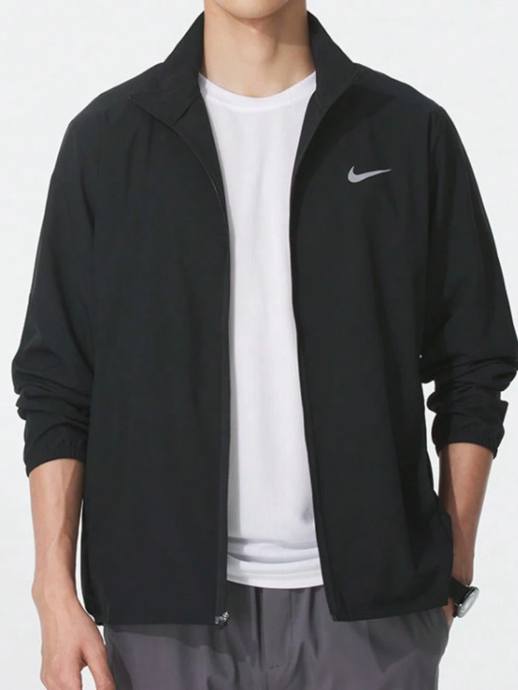 Nike Dri-Fit Solid Color Logo Jacket, Quick-Drying, Breathable, Windproof, Stand Collar, Versatile Sports And Casual Style, Men's - Black - View 1