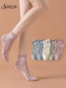 5 Pairs Frill Trim Rabbit Heart Short Socks For Women, Japanese Soft Girl Cute Casual Women's Socks, Versatile Preppy Style Ladies Socks - Multicolor - View 3