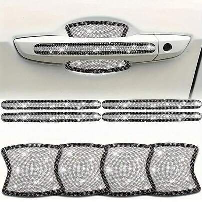 8pcs Black & White Rhinestone Car Door Stickers Protective Film Car Body Door Bowl Handle Scratch-Resistant Universal Car Decorative Stickers Car Accessories Easy Installation