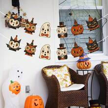 2 piezas Banderines de fiesta de Halloween con tema vintage, estilo de dibujos animados con calabaza, fantasma, gato negro, expresiones exageradas, decoración de fiesta de Halloween vintage, decoración de pared, decoración colgante para chimenea, decoración de habitación de Halloween, decoración universal para fiesta de Halloween - A - Ver 5