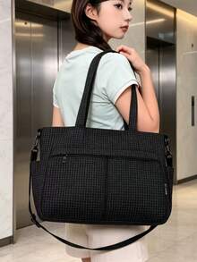 女款格紋托特包，大容量單肩手提包，可拆卸斜背帶，休閒日常旅行包 - 黑色 - 查看 7