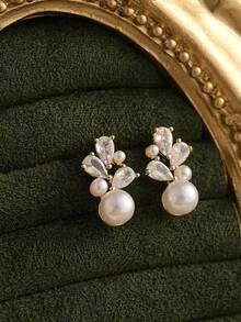 Round Pearl Earrings With Diamond, Minimalist Pearl Stud Earrings, Delicate Pearl Earrings Bridal Earrings Wedding Earrings Bridesmaid Gift - Gold - View 7