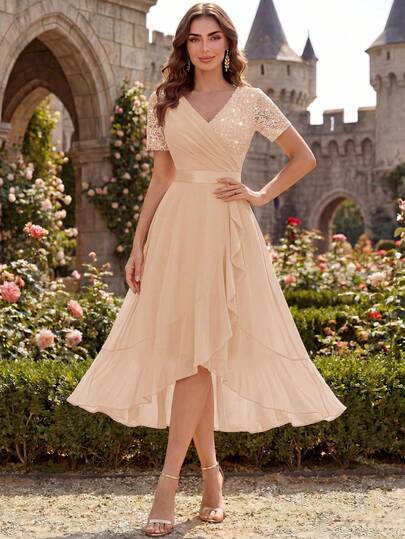 MIUSOL V-Neck Sequin Lace Patchwork Chiffon Ruffle Hem Elegant Ball Party Full Skirt, Suitable For Wedding Guests, Dinner Summer