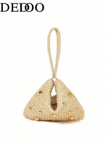 Dedoo Embrague triangular elegante y minimalista de paja con cierre magnético y cristales, adecuado para fiestas, bodas, bailes de graduación y reuniones en la playa - Beis - Ver 8