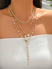 5pcs/Set Summer Beach Vacation Style Multi-Layer Stackable Gold Chain Y-Shaped Necklace With Shell And Starfish Pendant Decor, Fashion Versatile Women's Neck Jewelry Suitable For Daily Wear, Vacation, Party, Music Festival, Chain Length Cut By Sections With Variable Number Of Links - Multicolor - View 1