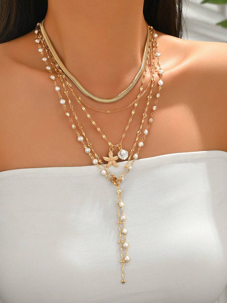 5pcs/Set Summer Beach Vacation Style Multi-Layer Stackable Gold Chain Y-Shaped Necklace With Shell And Starfish Pendant Decor, Fashion Versatile Women's Neck Jewelry Suitable For Daily Wear, Vacation, Party, Music Festival, Chain Length Cut By Sections With Variable Number Of Links - Multicolor - View 1