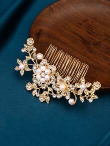 1 Set (2pcs) Silver & Gold Elegant Lady Princess Bridal Hair Comb Bun Set, Fashion Exquisite Pearl Plum Blossom Design - 064 Hair Combs In Gold and Silver Set - View 4