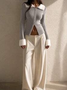 Sweater Wanita Kasual Sehari-hari, Esensial untuk Perjalanan Harian, Minimalis, Kombinasi Warna, Leher V, Lengan Panjang, Resleting Ganda, Potongan Ramping, Serbaguna, Musim Gugur/Dingin - MultiWarna - View 1
