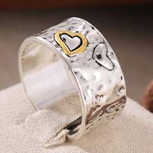 DIYCCPC Bague large en forme de cœur bicolore pour femmes, accessoire quotidien multifonctionnel à texture martelée faite à la main, cadeau de vacances parfait - Argent - Voir 6