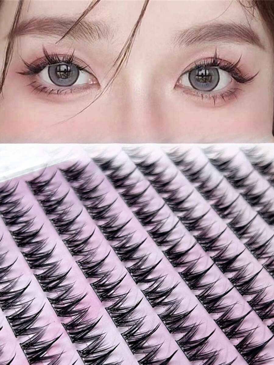 LIMEIKAI 100 Clusters Of Self-Adhesive Eyelashes, Curled And Slender Dog Style, 12mm Naturally Thickened Thin Strip Eyelashes, Self-Extending And Magnifying Double Eyes