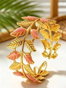 VceTd 1pc Romantic Style Colorful Enamel Leaf Design Stainless Steel Open Bangle Bracelet For Women, Suitable For Weddings, Travel, Or As A Valentine's Day Gift For Your Loved One - Yellow Gold - View 10