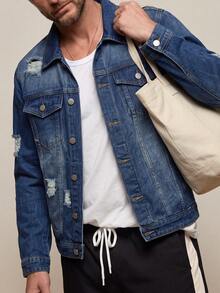 Men's Classic Mid-Wash Blue Denim Trucker Jacket Casual Denim Coat - Blue - View 4