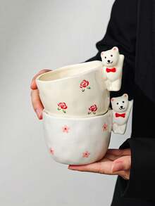 Creative Bear Handle Ceramic Mug, Hand-Painted Rose Flower Asymmetrical Hand-Molded Cup, Home Breakfast Oatmeal Coffee Water Cup, Girly Gift Cup, Souvenir Gift - Multicolor - View 8