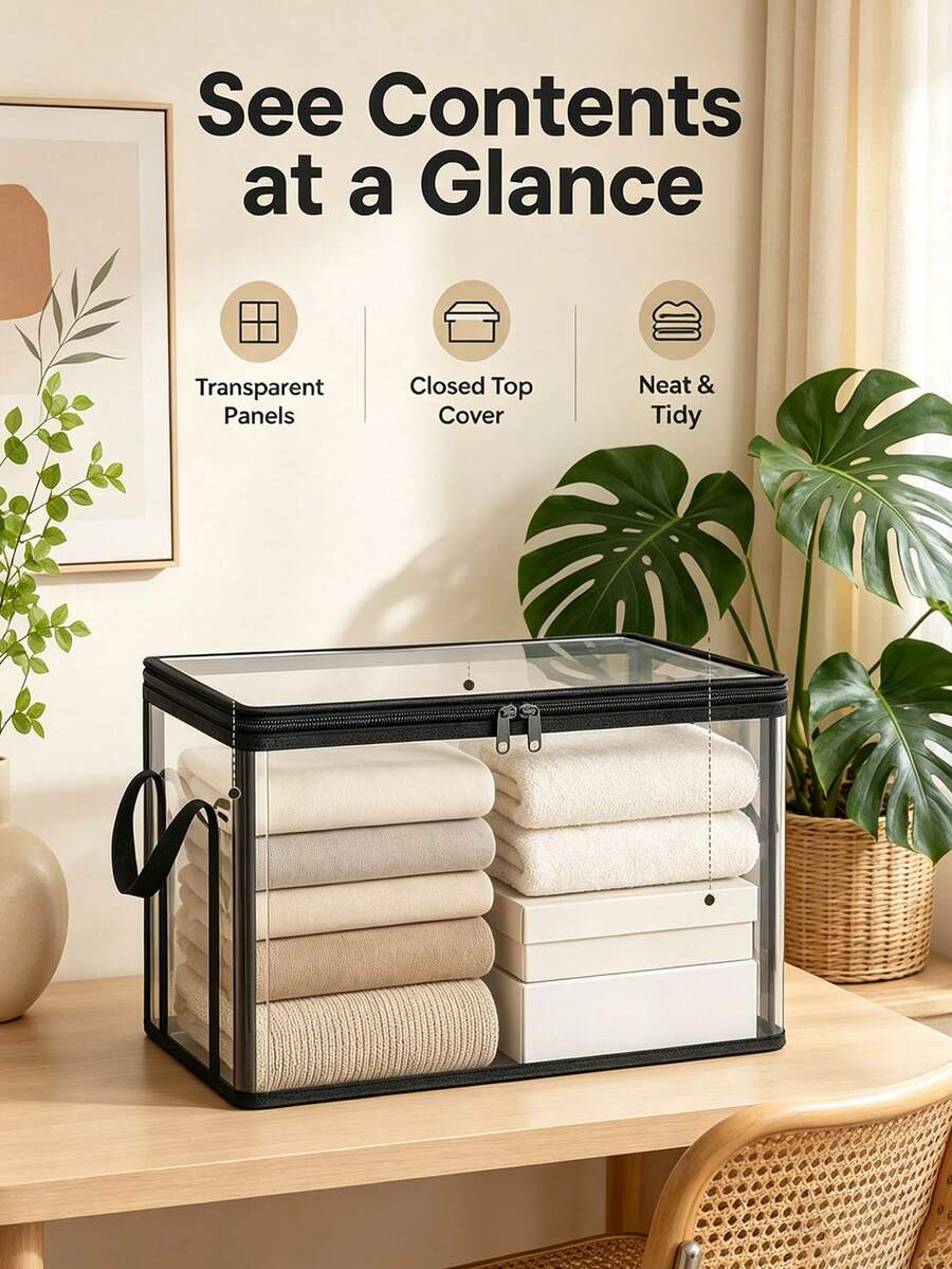 Transparent PVC Clothing Storage Box With Reinforced Zipper And Side Handles, Stackable Wardrobe Storage Container, Foldable Wardrobe Storage Box For Storing Clothes, Towels, Books, Bedroom, Dorm, Apartment, Home Organization Back To School And Daily Home Storage Solution, Zipper Wardrobe Clothing Storage Box, Foldable Wardrobe Storage Organizer For Bedroom Dorm Apartment, Perfect Back To School And Home Gift - Multicolor - View 1