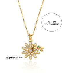 18K PVD Gold Plated Brass Micro-Inlaid AAA Grade Transparent Zirconia Multi-Color Handmade Crystal Daisy Bee Pendant Adjustable Clavicle Necklace Hypoallergenic - Gold - View 2