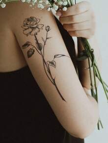 1pc Black & White Minimalist Aesthetic Rose Pattern Temporary Tattoo Sticker, Waterproof Body Skin Tattoo For Party, Holiday, Concert, Arm, Shoulder, Neck, Collarbone, Back, Leg - Black - View 3