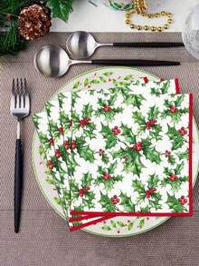 20/1pc Disposable Napkins, Green Plant & Red Berry Pattern, Christmas New Year Gift Party Napkins, Suitable For Christmas Gathering, Christmas Party, Restaurant Decor, Kitchen Decor, Christmas Home Decor, Christmas Gift - One Size Fits All - View 4