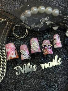 10pcs Handmade Fully Covered Short Duck Nails Press On Nails, Pink Nails, Y2K Sweet Cool Girl Style,3D Stars, Hand Drawn Zebra Pattern Geometric Lines Suitable For Party, Daily, Cosplay,Detachable And Reusable, With Nail Glue Sticker And Nail File - Pink - View 4