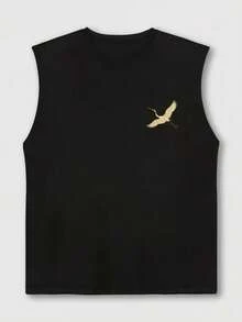 Men's Summer Fashion Versatile Japanese Retro Wave & Crane Print Sleeveless Top - Black - View 4