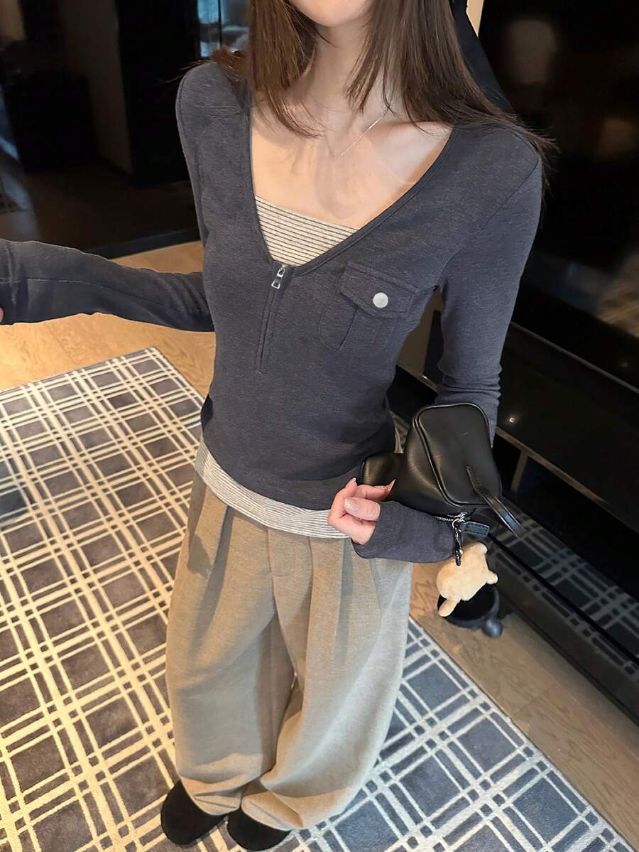 Women's Long Sleeve T-Shirt, Spring/Autumn New Style, Zipper Slim Fit Base Layer, 2 In 1 Top Casual - Dark Grey - View 1