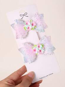 2pcs Glitter Tulle Hair Bows For Girls 3D Colorful Flower Decor Ribbon Alligator Clip Sweet Princess Daily Hair Clips Teens Hair Accessories - Multicolor - View 3