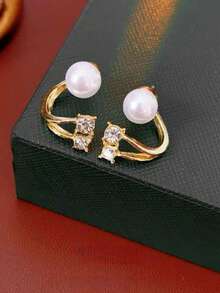 1pc/Set Mermaid Pearl Stud Earrings, Minimalist Fashion Set, Front And Back Wear, Suitable For Daily Wear, Simple And Stylish - Gold - View 6