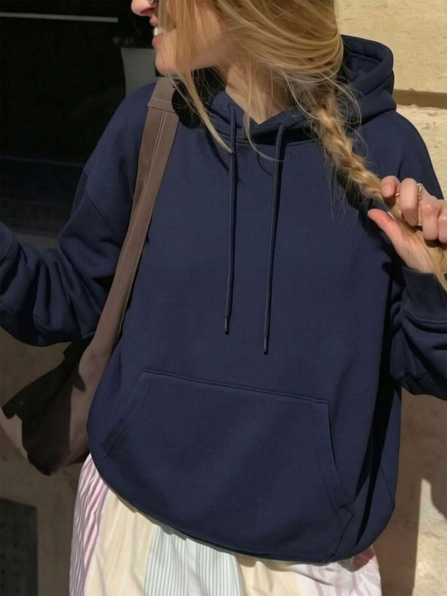 女款秋冬新款純色連帽衛衣,抽繩設計,附口袋,休閒百搭寬鬆上衣,時尚日常穿搭 - 藏蓝色 - 查看 1
