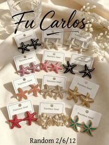 2/6/12 Pairs Stainless Steel Earrings Set - Asymmetric Starfish Beach Vacation Earrings (Valentine's Day Gift, Random Mix) - Multicolor - View 6