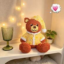 1500+Pcs Bear With Hat, 1000+Pcs Nine-Tailed Fox Micro Particle Animal Building Block Model Ornament, High Difficulty DIY Handmade 3D Mixed Color Puzzle, Unique DIY Romantic Souvenir, Ideal Gift Ornament For Lovers And Couples, Static Version, Without Light - 1500+ Yellow - View 4