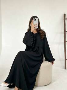 Conservative Abaya Long Dress With Ruffle Cuffs, Pleated Fabric Layered Waist Muslim Long Dress, Casual Islamic Clothing - Multicolor - View 14