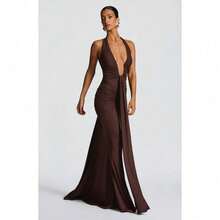 Elegant Vacation Style Backless Neck Wrap Dress - 咖啡色 - 查看 2