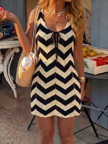 Boho Sexy Women's Short Knit Semi-Sheer Pattern Cover Up Dress,Sleeveless V-Neck Sundress For Summer Beach Holidays Vacation - Multicolor - View 2
