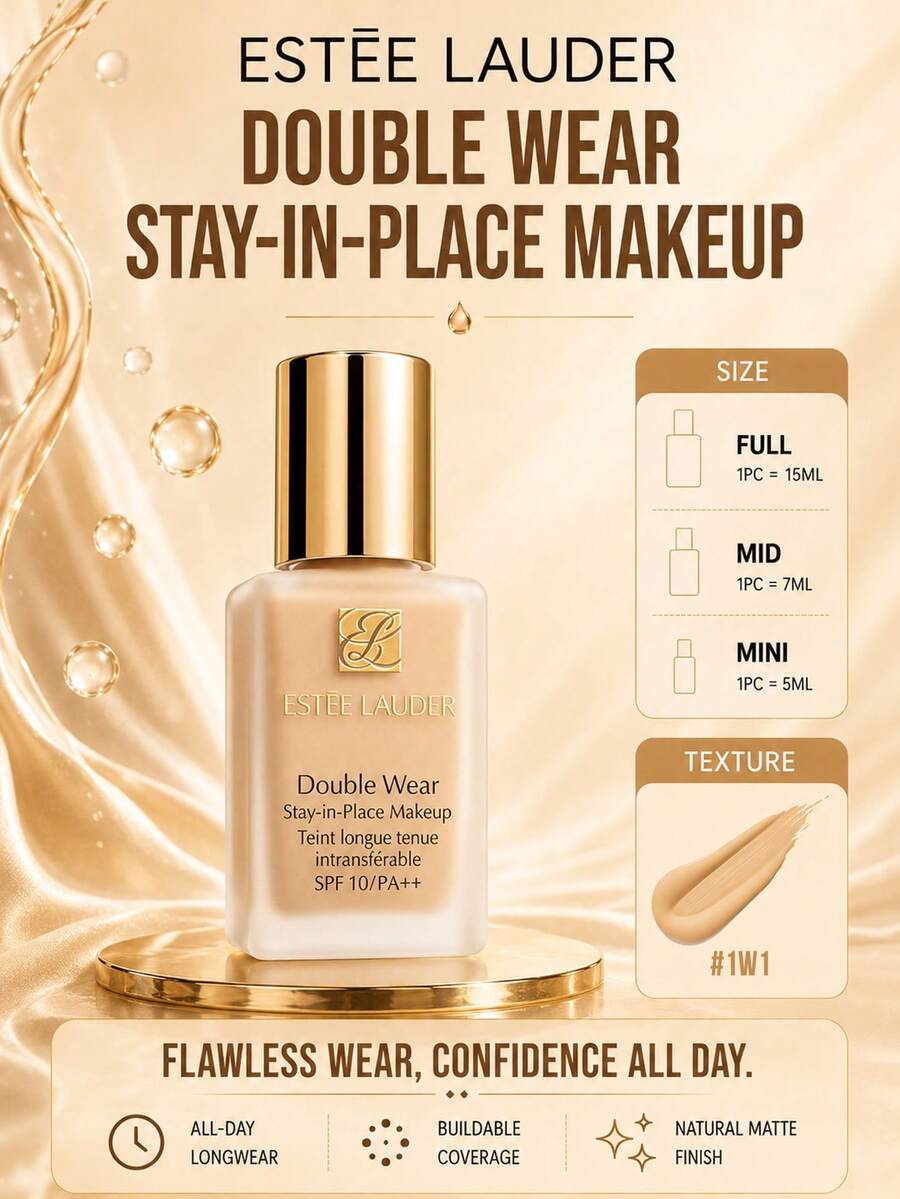 Estée Lauder 雅詩蘭黛粉底液 1W1 5/7/15ml，高遮瑕，有效遮蓋毛孔與細紋，長效持妝，不暈染不脫妝，易上妝，適合乾性肌膚
