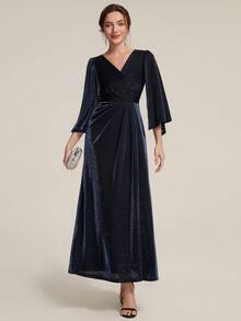 EVERPRETTY Elegant Floor-Length Cape Sleeve Straight Cut Navy Blue Evening Gown, Suitable For Party And Wedding - Navy Blue - View 7