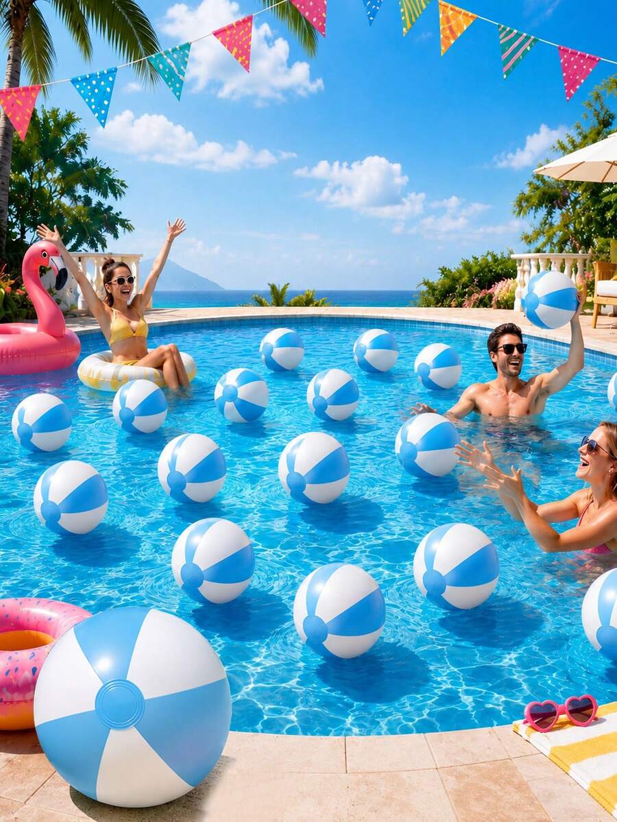 6/3pcs Inflatable Beach Balls, Large Rainbow Beach Ball Bulk Pack, Suitable For Pool Party, Adult Summer Pool Games, Beach Games, Hawaiian Pool Party Favors - Blue and White - View 1