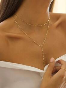 1pc Women's Exquisite Lip-Shaped Long Necklace, 14K Gold Plated Y-Shaped Choker Necklace, Minimalist Layered Jewelry, Gift For Women - Gold - View 6