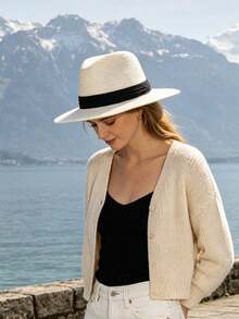 Women's Colorblock Fashion Summer Sun Protection Versatile Woven Jazz Wide Brim Straw Hat, 1pc - Khaki - View 5