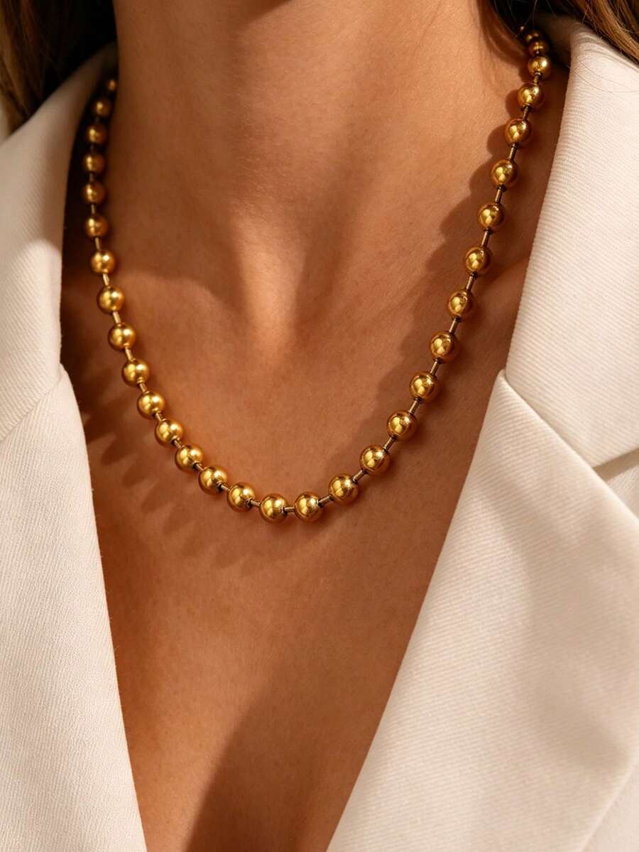 MECYLIFE 1pc 6mm Bead Chain Necklace Stainless Steel Women's Necklace Casual Versatile Jewelry Layering Necklace Gold Color - Yellow Gold - View 1